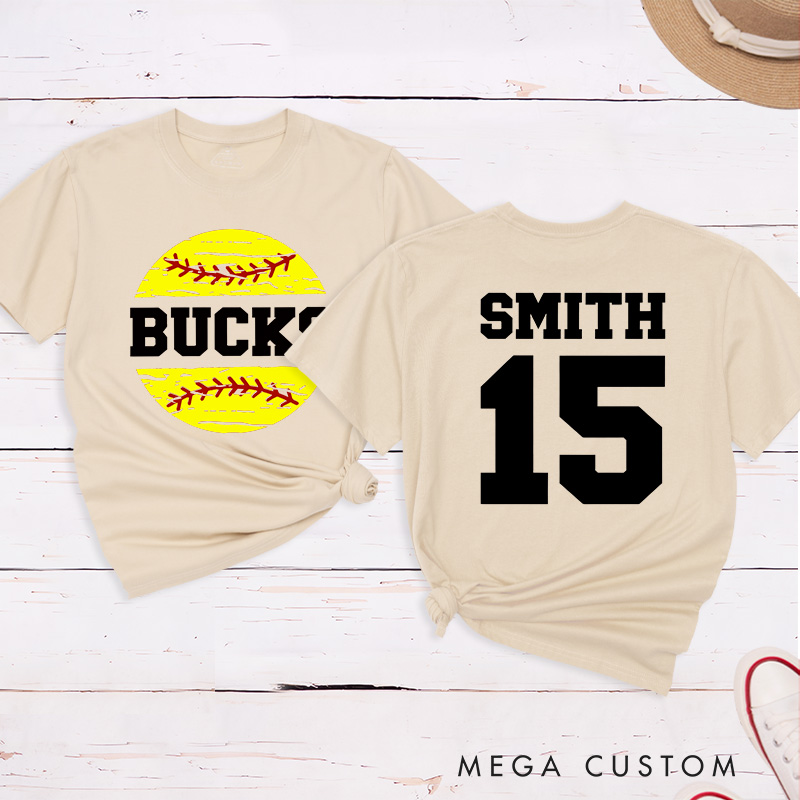Personalized Softball Team T-Shirt Design Featuring Custom Team Name Player Name and Number with Bright Softball Graphic