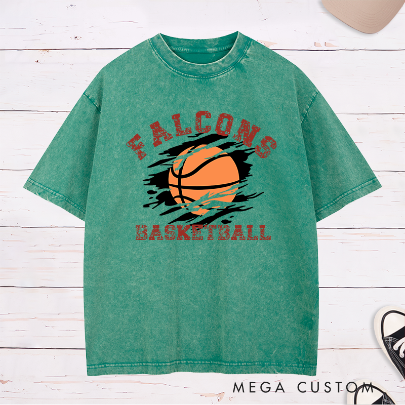 Personalized Washed T-Shirt Design Featuring Distressed Custom Team Name with Dynamic Basketball Graphic and Bold Vintage-Inspired Aesthetic