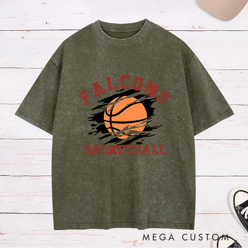 Personalized Washed T-Shirt Design Featuring Distressed Custom Team Name with Dynamic Basketball Graphic and Bold Vintage-Inspired Aesthetic