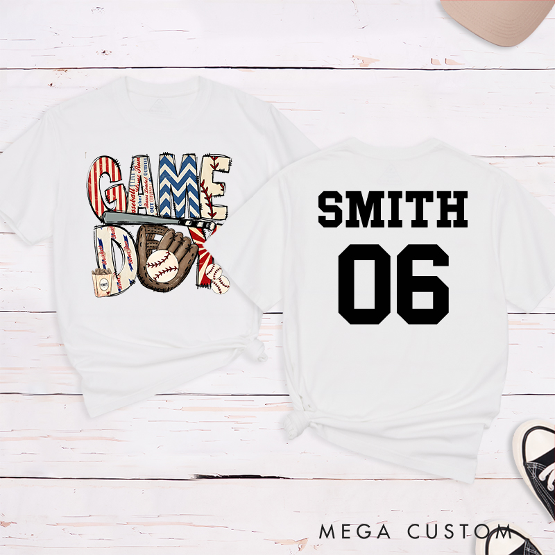 Personalized Patriotic "Game Day" Baseball T-Shirt with Custom Name and Number  