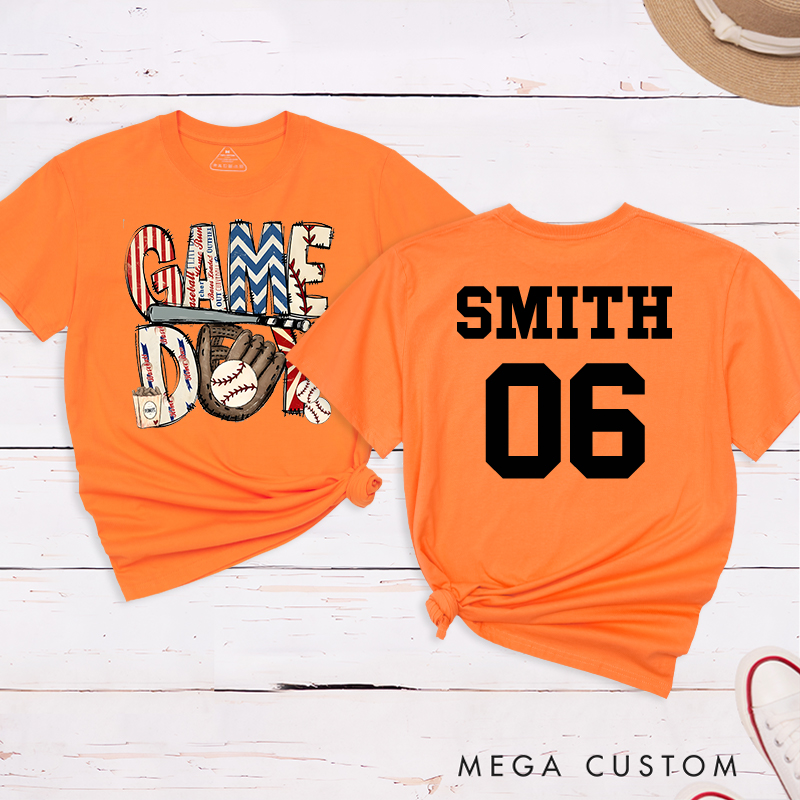 Personalized Patriotic "Game Day" Baseball T-Shirt with Custom Name and Number  