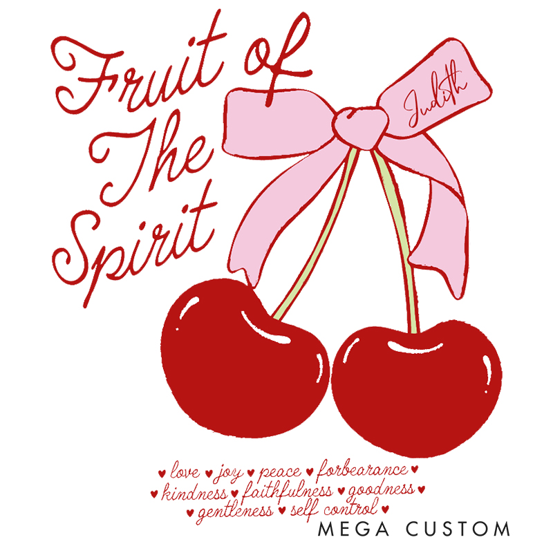 Personalized Fruit of the Spirit Cotton T-Shirt with Name Fun Doodle Cherry Bow Shirt Christian Bible Verse Unisex Classic T-Shirt Christian Gift