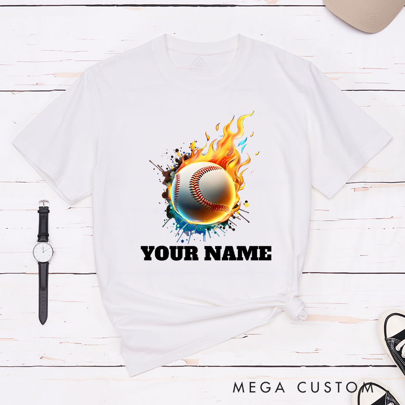  Personalized Flaming Baseball T-Shirt with Custom Name  