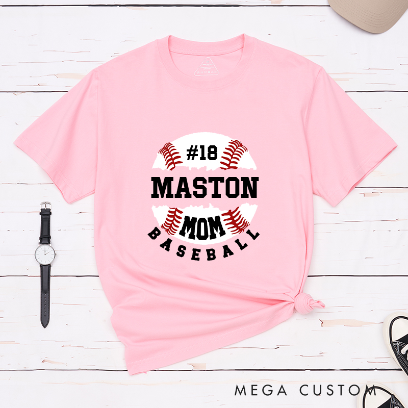 Personalized Baseball Mom T-Shirt with Custom Name and Player Number Design