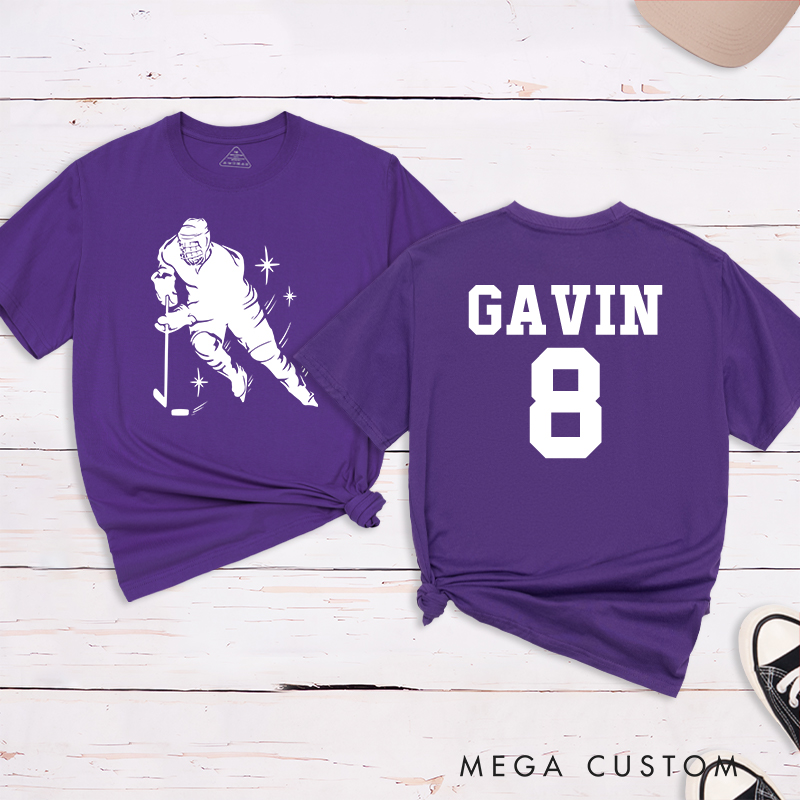 Personalized Hockey Player Silhouette T-Shirt with Custom Name and Number
