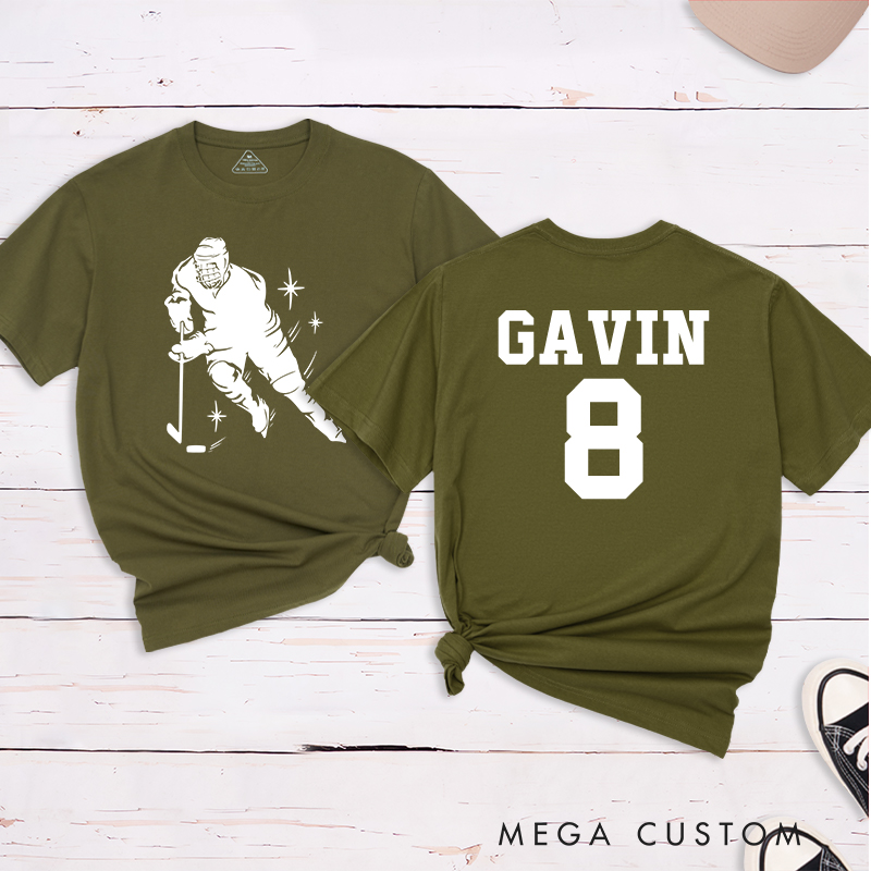 Personalized Hockey Player Silhouette T-Shirt with Custom Name and Number