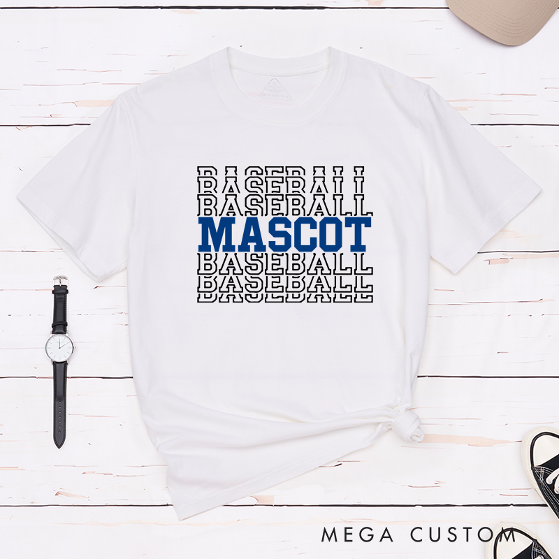 Personalized Baseball T-Shirt Featuring Team Name and Repeating Text Pattern