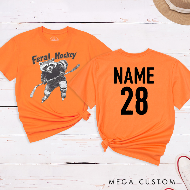Personalized "Feral Hockey" Raccoon T-Shirt with Custom Name and Number
