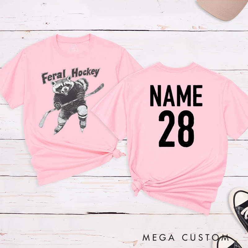 Personalized "Feral Hockey" Raccoon T-Shirt with Custom Name and Number