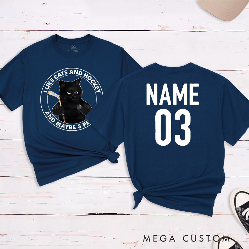 Personalized Funny Cat and Hockey Lover T-Shirt with Custom Name and Number