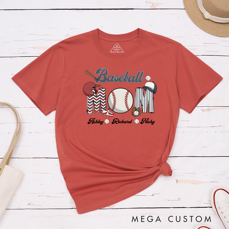 Personalized Baseball Mom T-Shirt with Custom Names and Fun Sports-Themed Design