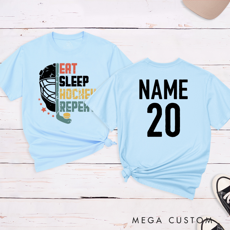 Personalized "Eat, Sleep, Hockey, Repeat" T-Shirt with Custom Name and Number