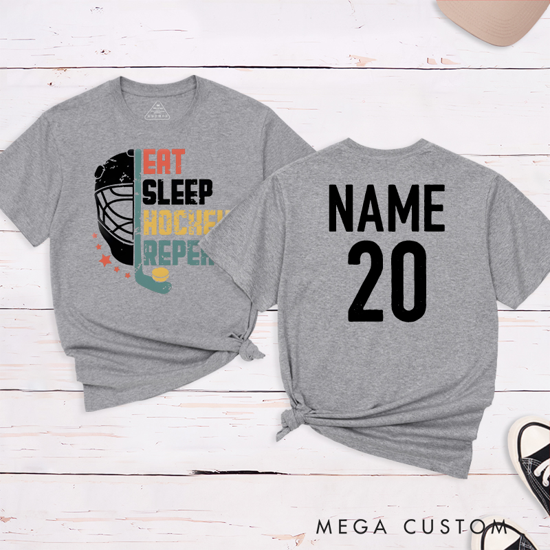 Personalized "Eat, Sleep, Hockey, Repeat" T-Shirt with Custom Name and Number