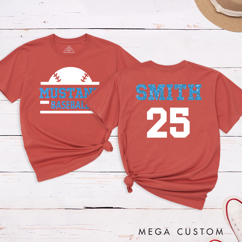 Personalized baseball T-shirt featuring a custom name and number designed for players and fans