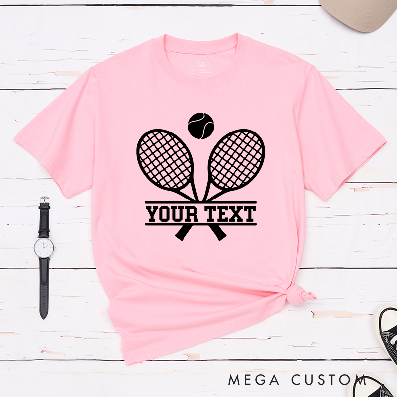 Personalized Tennis T-Shirt with Crossed Rackets Design and Custom Text