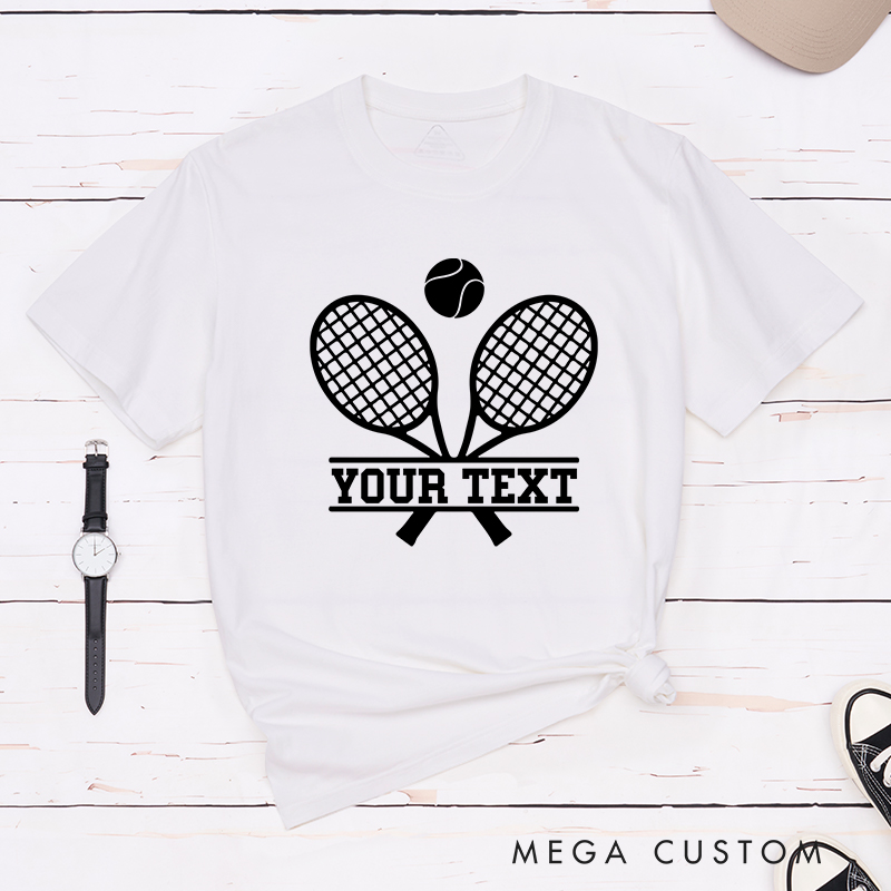 Personalized Tennis T-Shirt with Crossed Rackets Design and Custom Text
