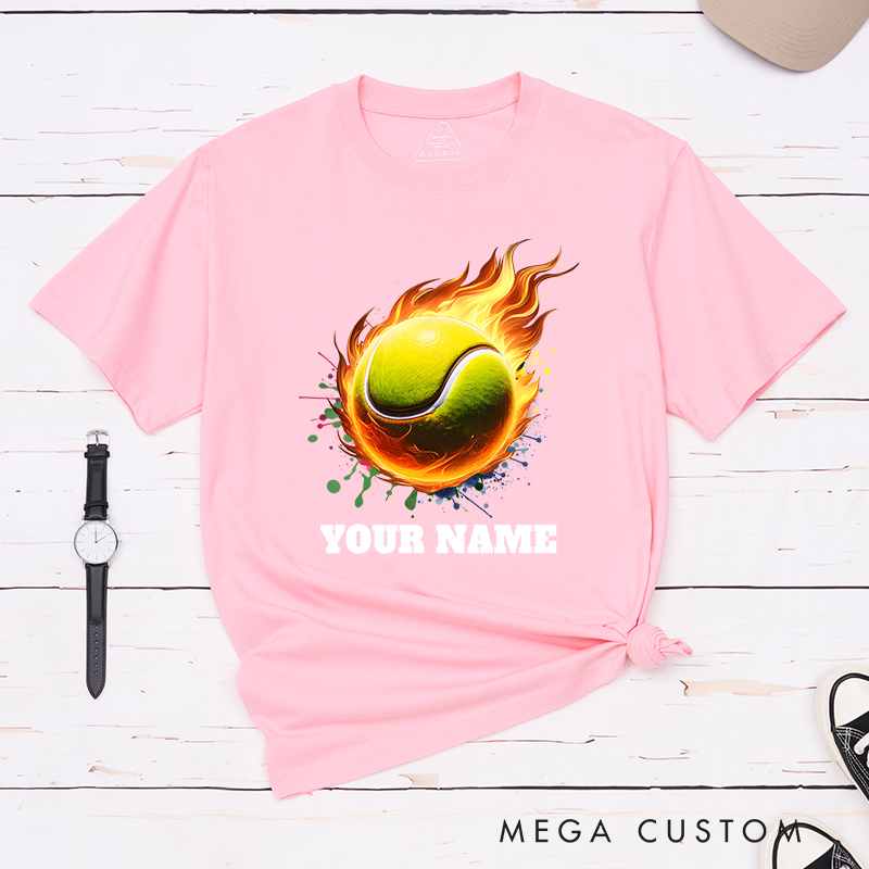 Personalized Tennis T-Shirt with Flaming Ball and Custom Name 