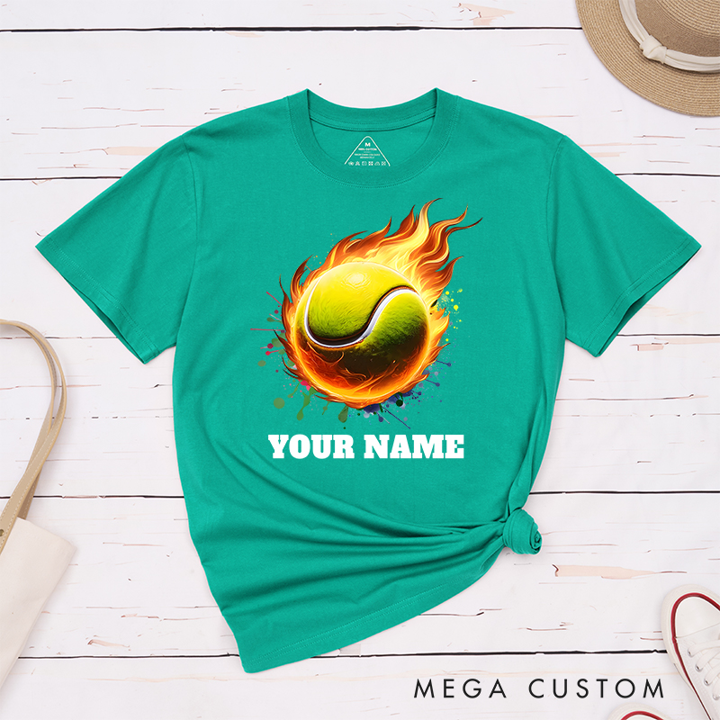 Personalized Tennis T-Shirt with Flaming Ball and Custom Name 