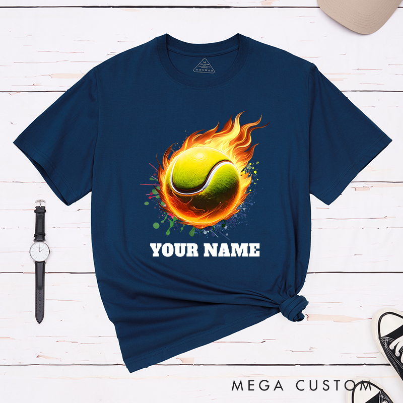 Personalized Tennis T-Shirt with Flaming Ball and Custom Name 