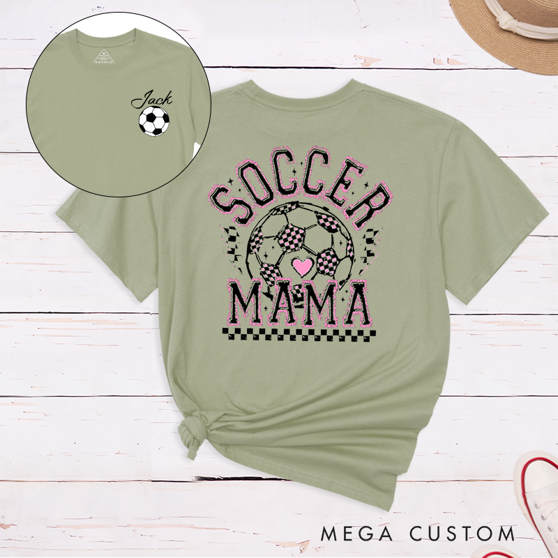 Personalized Soccer Mama T-Shirt with Vibrant Pink Details and Custom Name and Number 