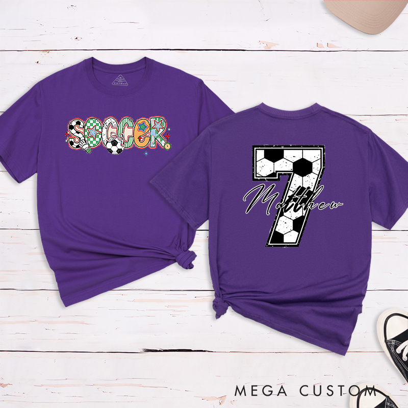 Personalized Soccer T-Shirt with Colorful Patterned Lettering and Custom Name and Number