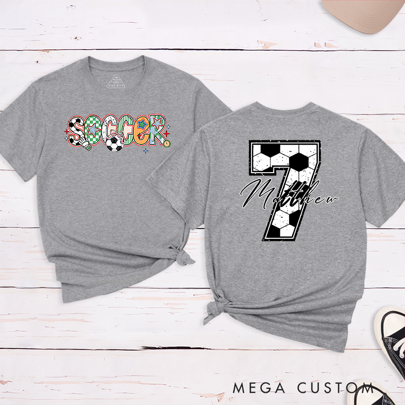 Personalized Soccer T-Shirt with Colorful Patterned Lettering and Custom Name and Number