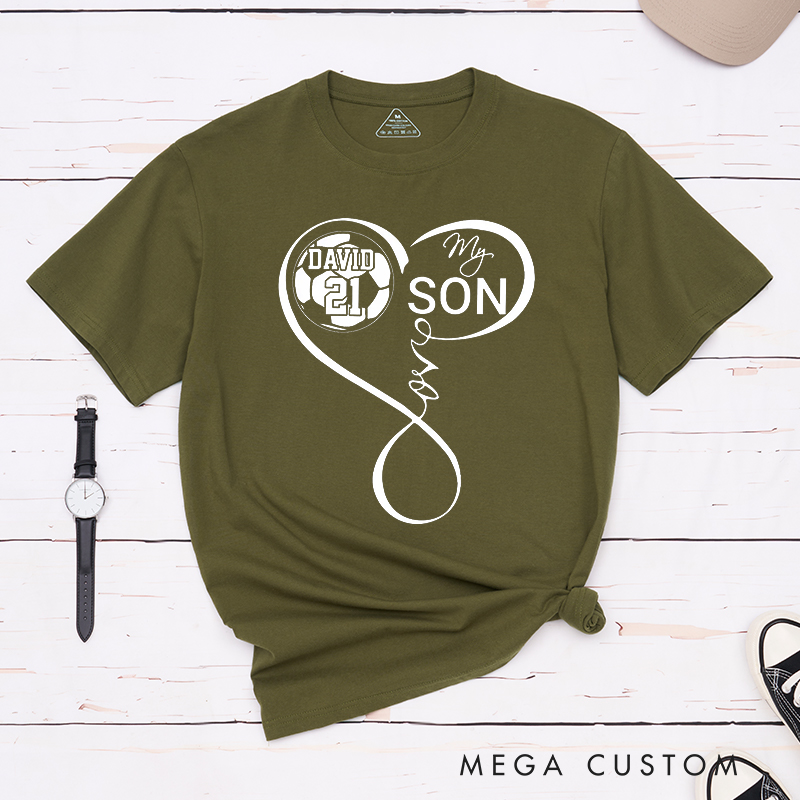 Personalized "My Son" Soccer T-Shirt with Heart Design and Custom Name and Number