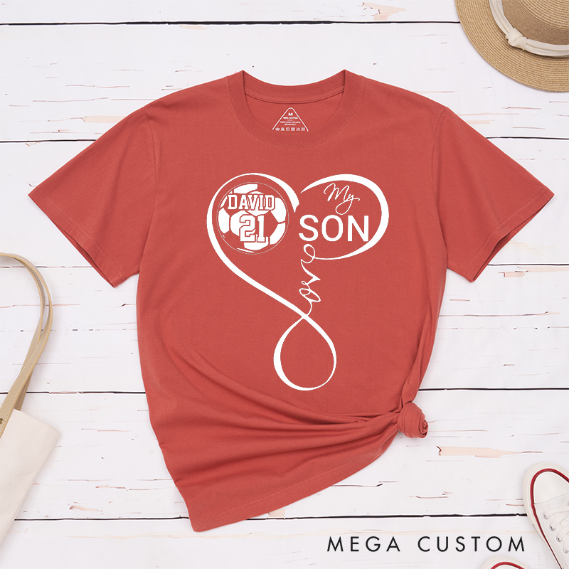 Personalized "My Son" Soccer T-Shirt with Heart Design and Custom Name and Number
