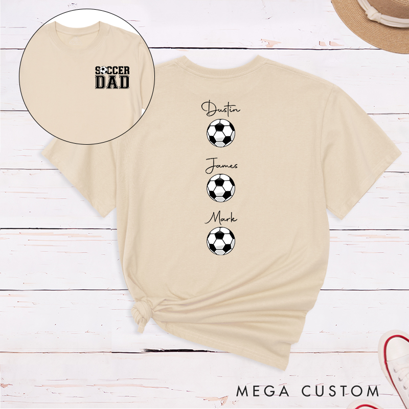 Personalized Soccer Dad T-Shirt with Custom Kids’ Names and Ball Graphics