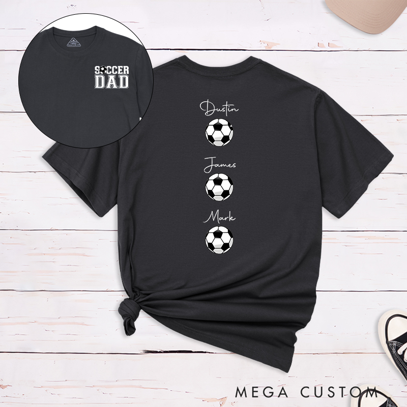 Personalized Soccer Dad T-Shirt with Custom Kids’ Names and Ball Graphics