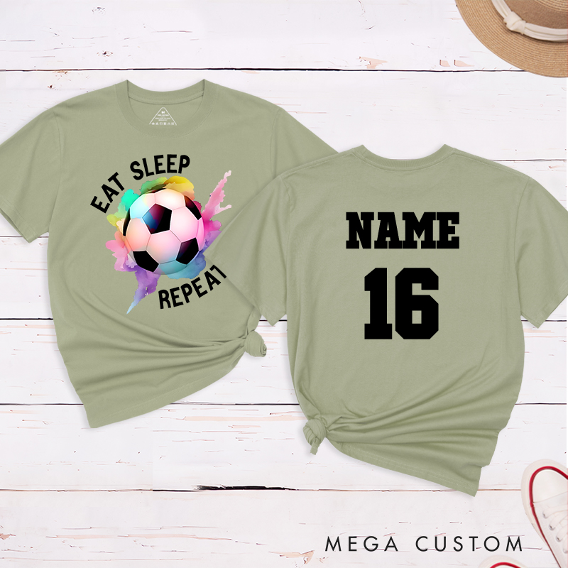Personalized Soccer T-Shirt with "Eat Sleep Repeat" Design and Custom Name and Number