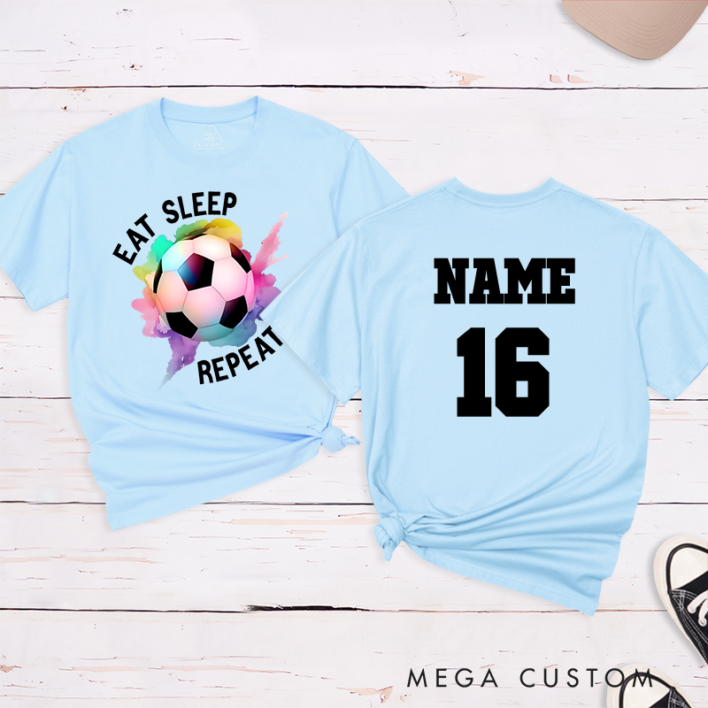 Personalized Soccer T-Shirt with "Eat Sleep Repeat" Design and Custom Name and Number