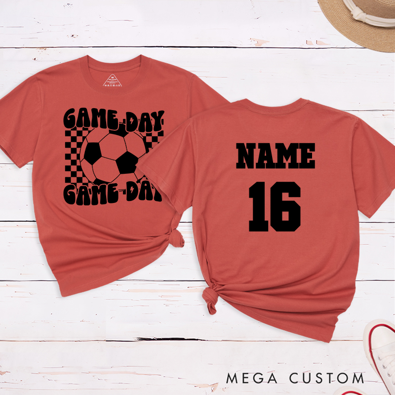 Personalized Game Day Soccer T-Shirt with Bold Checkerboard Design and Custom Name and Number