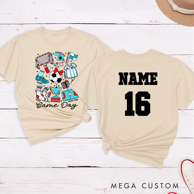 Personalized Game Day Soccer T-Shirt with Fun Illustrated Graphics and Custom Name and Number