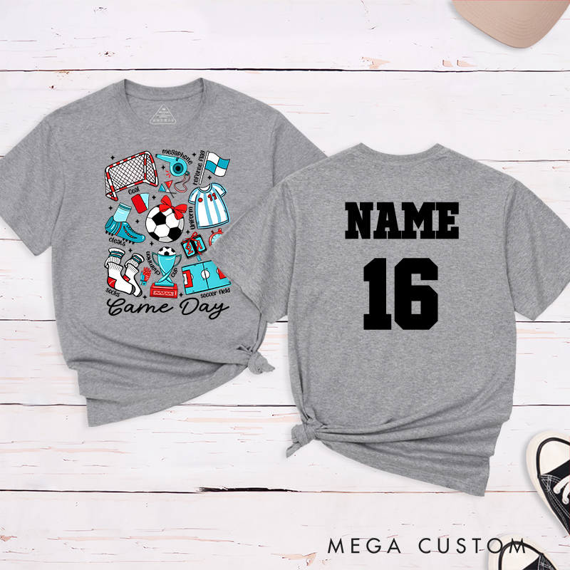 Personalized Game Day Soccer T-Shirt with Fun Illustrated Graphics and Custom Name and Number