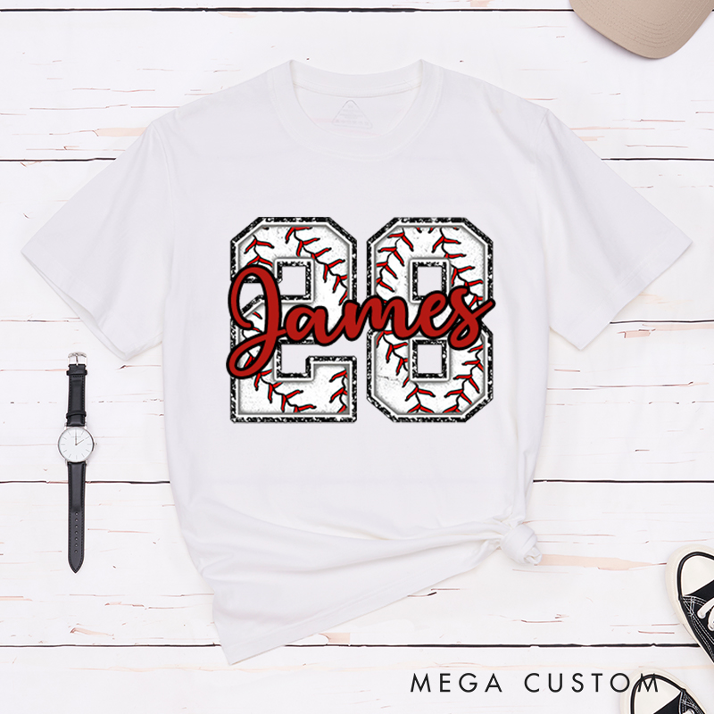 Personalized Baseball T-Shirt Featuring Distressed Numbers and Custom Name and Number