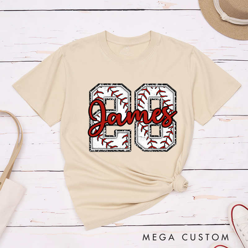 Personalized Baseball T-Shirt Featuring Distressed Numbers and Custom Name and Number