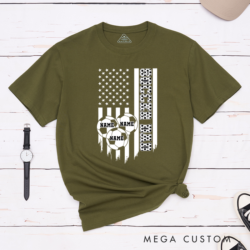 Personalized Soccer Dad T-Shirt with American Flag and Custom Name