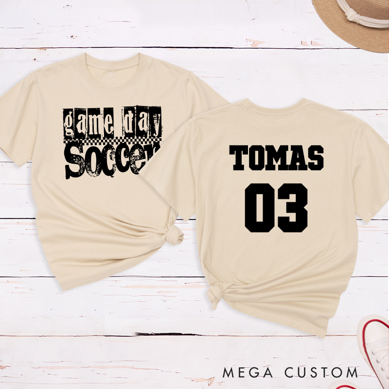 Personalized Game Day Soccer T-Shirt with Grunge Checkerboard Design and Custom Name and Number