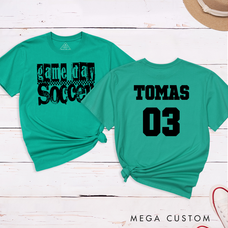 Personalized Game Day Soccer T-Shirt with Grunge Checkerboard Design and Custom Name and Number