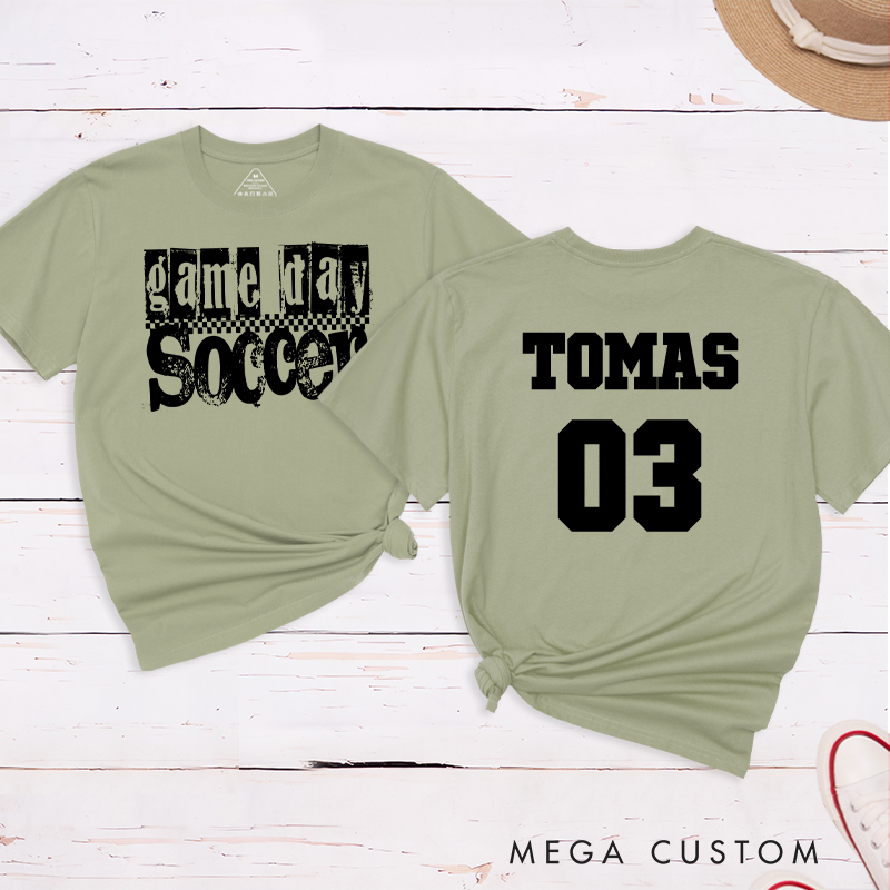 Personalized Game Day Soccer T-Shirt with Grunge Checkerboard Design and Custom Name and Number