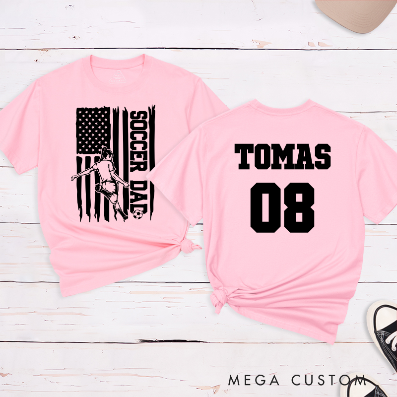 Personalized Soccer Dad T-Shirt with Patriotic Flag Design and Custom Name