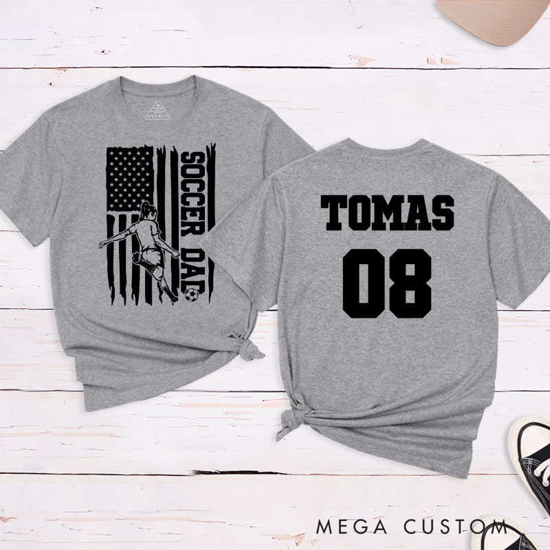 Personalized Soccer Dad T-Shirt with Patriotic Flag Design and Custom Name
