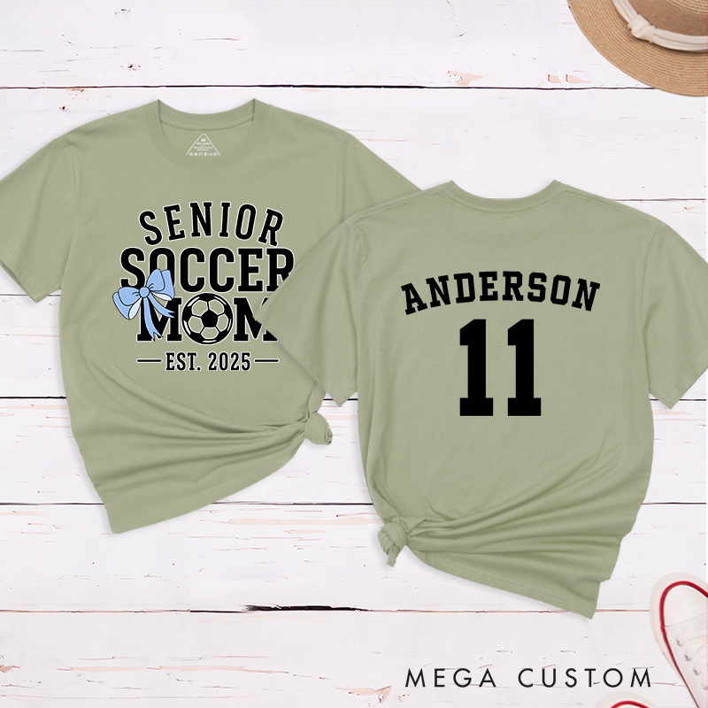 Personalized Senior Soccer Mom T-Shirt with Custom Name, Number, and Graduation Year