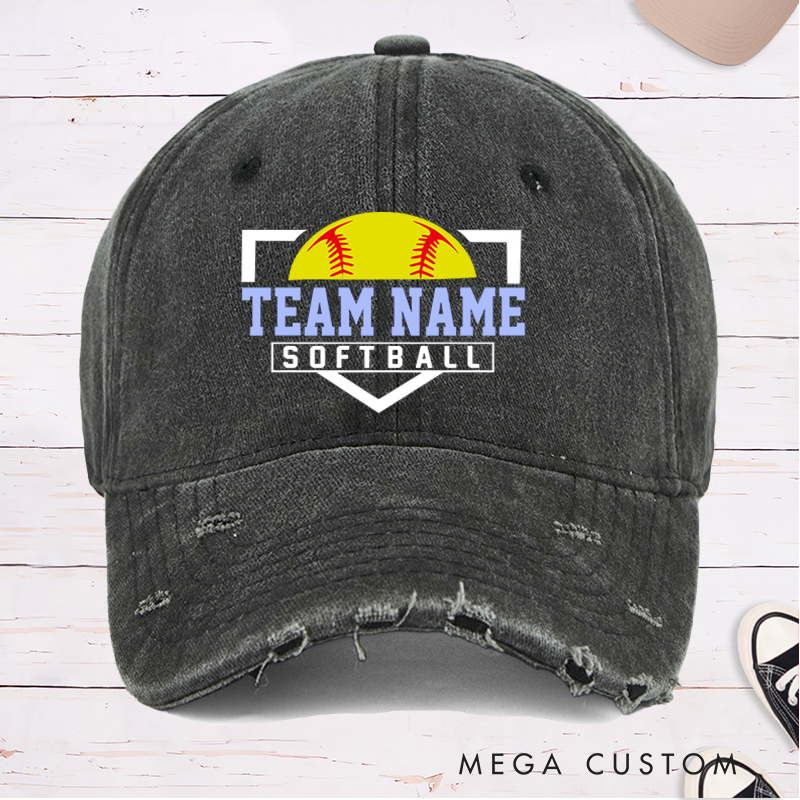 Personalized Distressed Denim Softball Cap with Custom Team Name and Softball Graphic Design