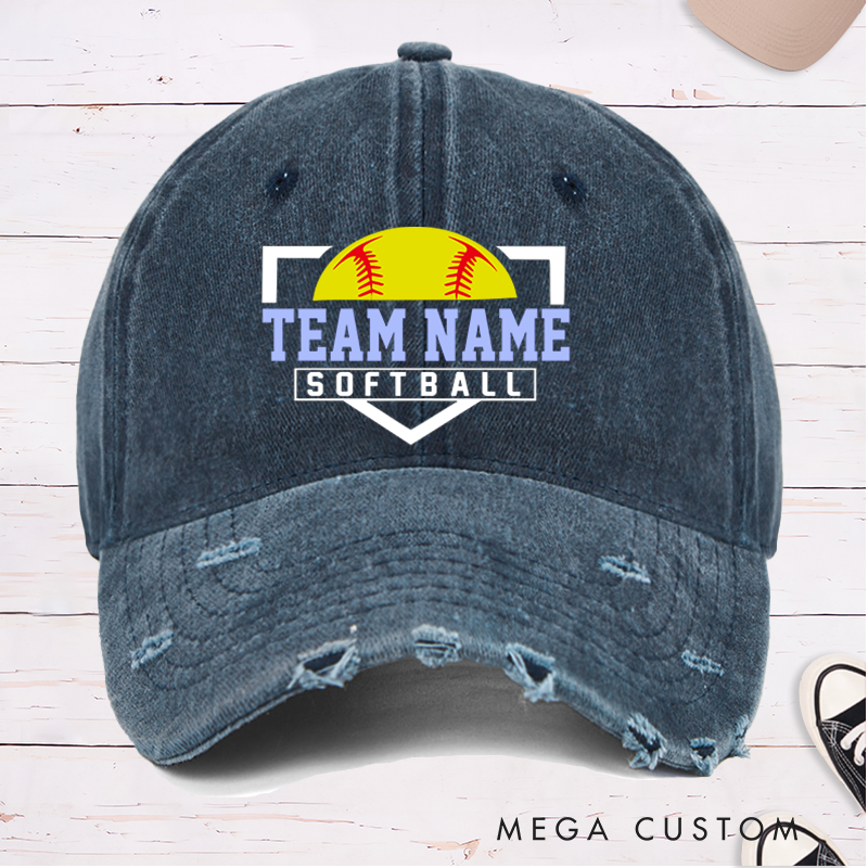 Personalized Distressed Denim Softball Cap with Custom Team Name and Softball Graphic Design