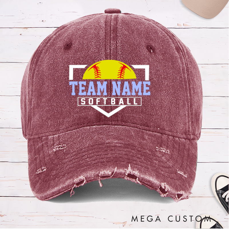 Personalized Distressed Denim Softball Cap with Custom Team Name and Softball Graphic Design