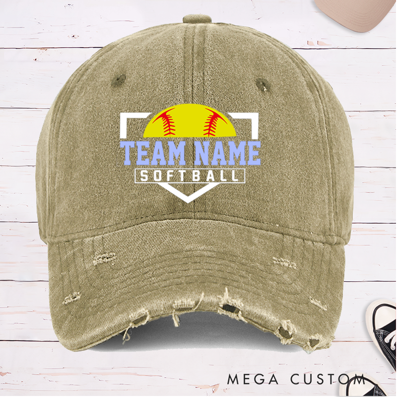 Personalized Distressed Denim Softball Cap with Custom Team Name and Softball Graphic Design