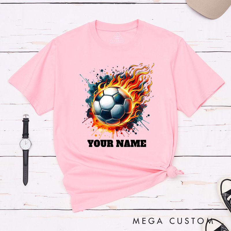 Personalized Flaming Soccer Ball T-Shirt with Custom Name  