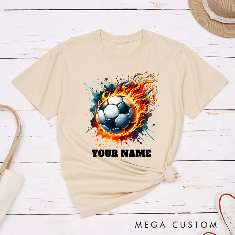 Personalized Flaming Soccer Ball T-Shirt with Custom Name  
